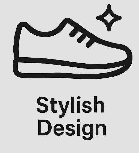 Black line drawing of a sneaker with 'Stylish Design' text on a white background